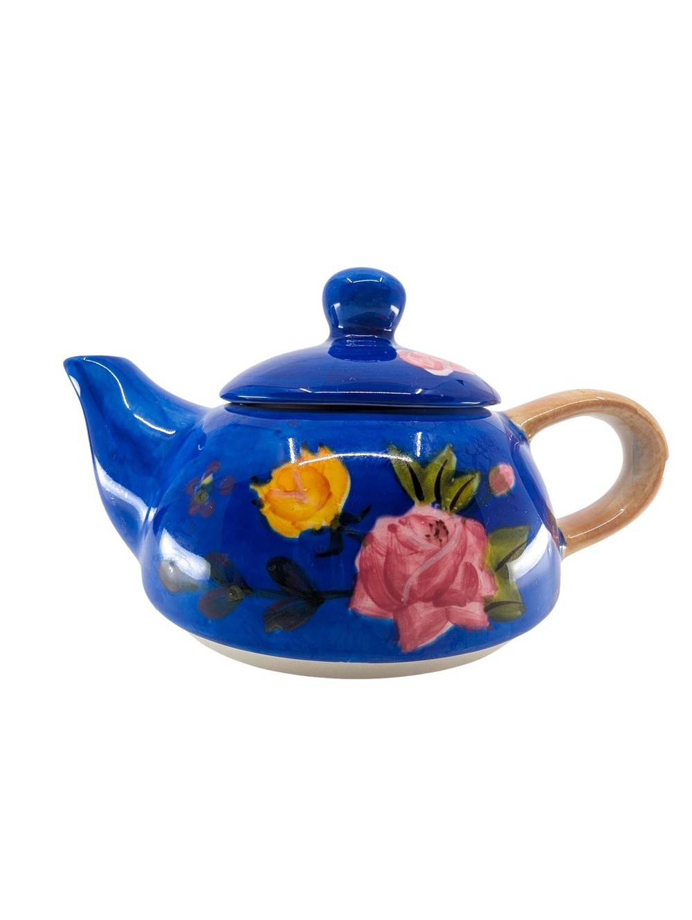 Vintage Hand Painted Cobalt Blue Floral Ceramic Teapot